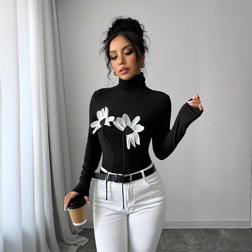 Women's Black Turtleneck Floral Applique Long Sleeved Fitted T-Shirt