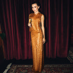 Women's Gold Sequin Sleeveless Slit Evening Maxi Dress