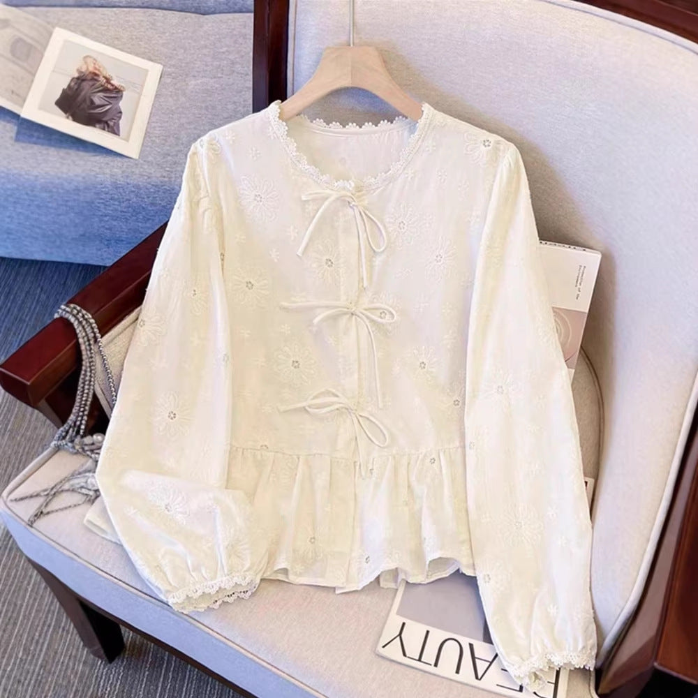 Women's Spring Summer Korean Stitching Lace Embroidery Long Sleeve Shirt