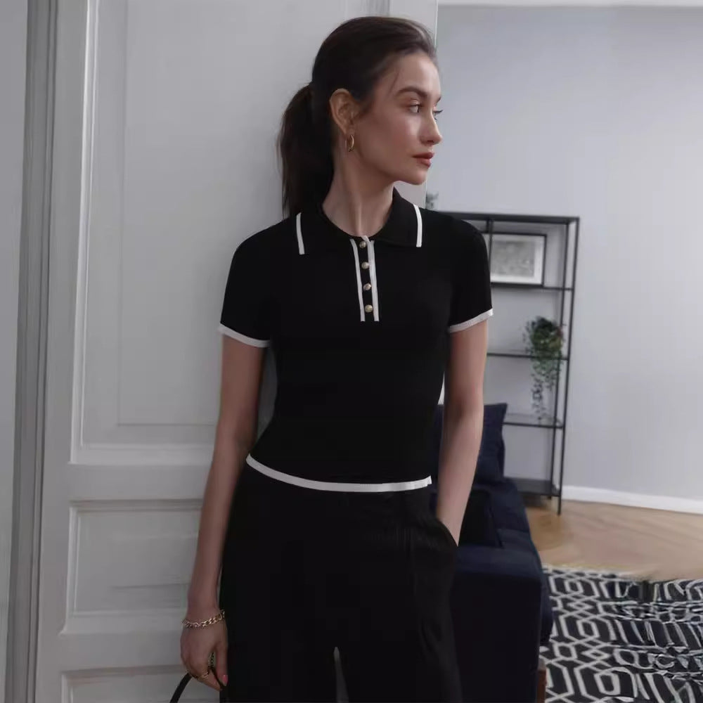 Women's Slim Fit Contrast Polo Knit Top