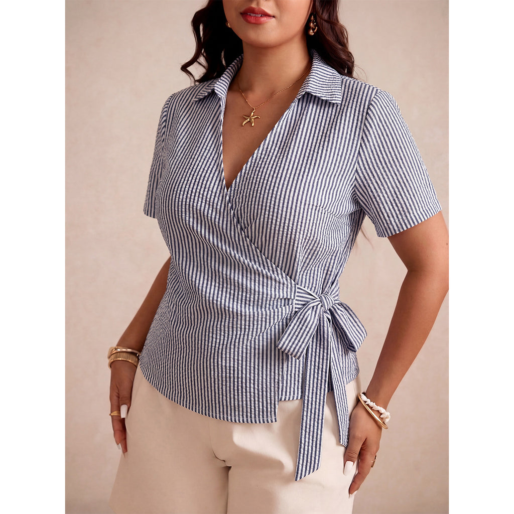 Women's Plus Size Striped Lace-Up Top