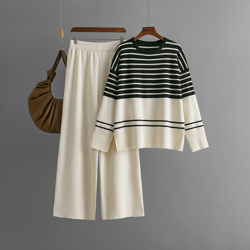 Autumn Winter Striped Knitted Two Piece Round Neck Sweater Loose Casual Set