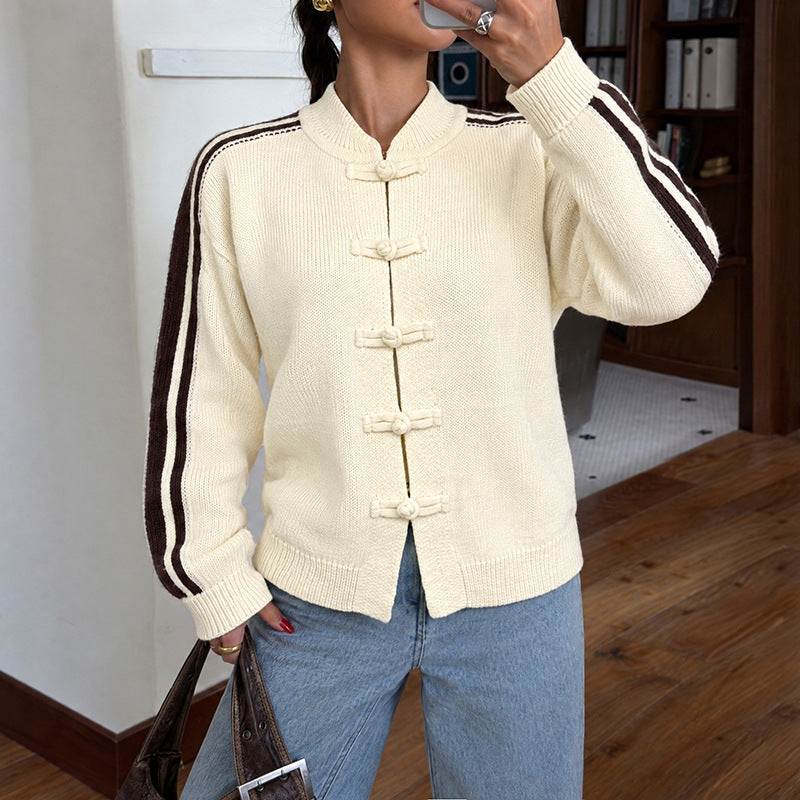 Women's Striped Stand-Collar Cardigan
