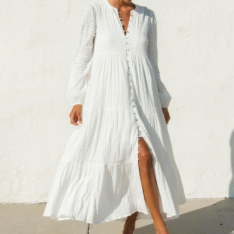 White Cotton Pleated Long Sleeve Maxi Dress