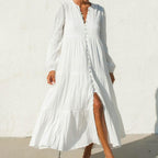 White Cotton Pleated Long Sleeve Maxi Dress