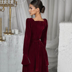Women's Belted Velvet Square-Neck Maxi Dress