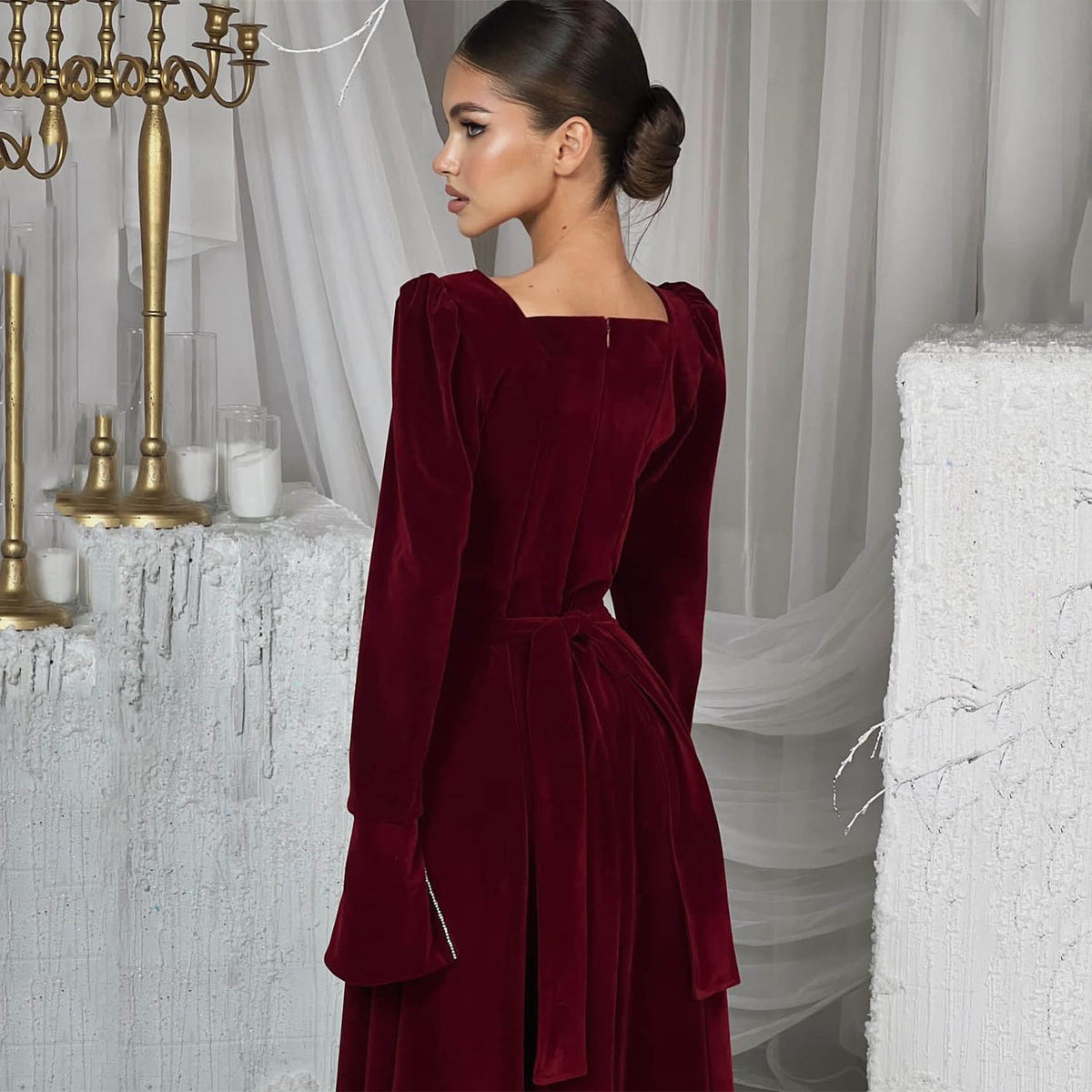 Women's Belted Velvet Square-Neck Maxi Dress
