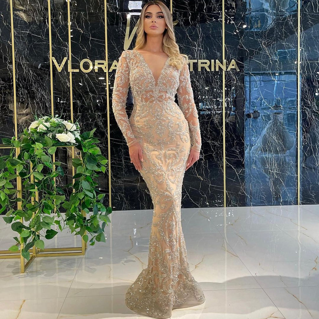 Sequin Lace V-Neck Long-Sleeve Bodycon Maxi Dress