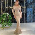 Sequin Lace V-Neck Long-Sleeve Bodycon Maxi Dress
