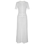 White maxi silk dress, short-sleeve button-front with textured embroidered-look panels