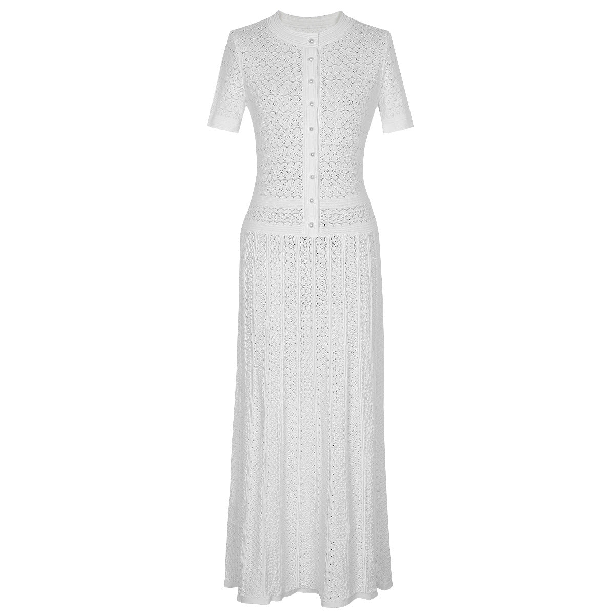 White maxi silk dress, short-sleeve button-front with textured embroidered-look panels