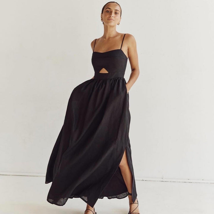 Women's Black High-Waist French Vacation Maxi Dress