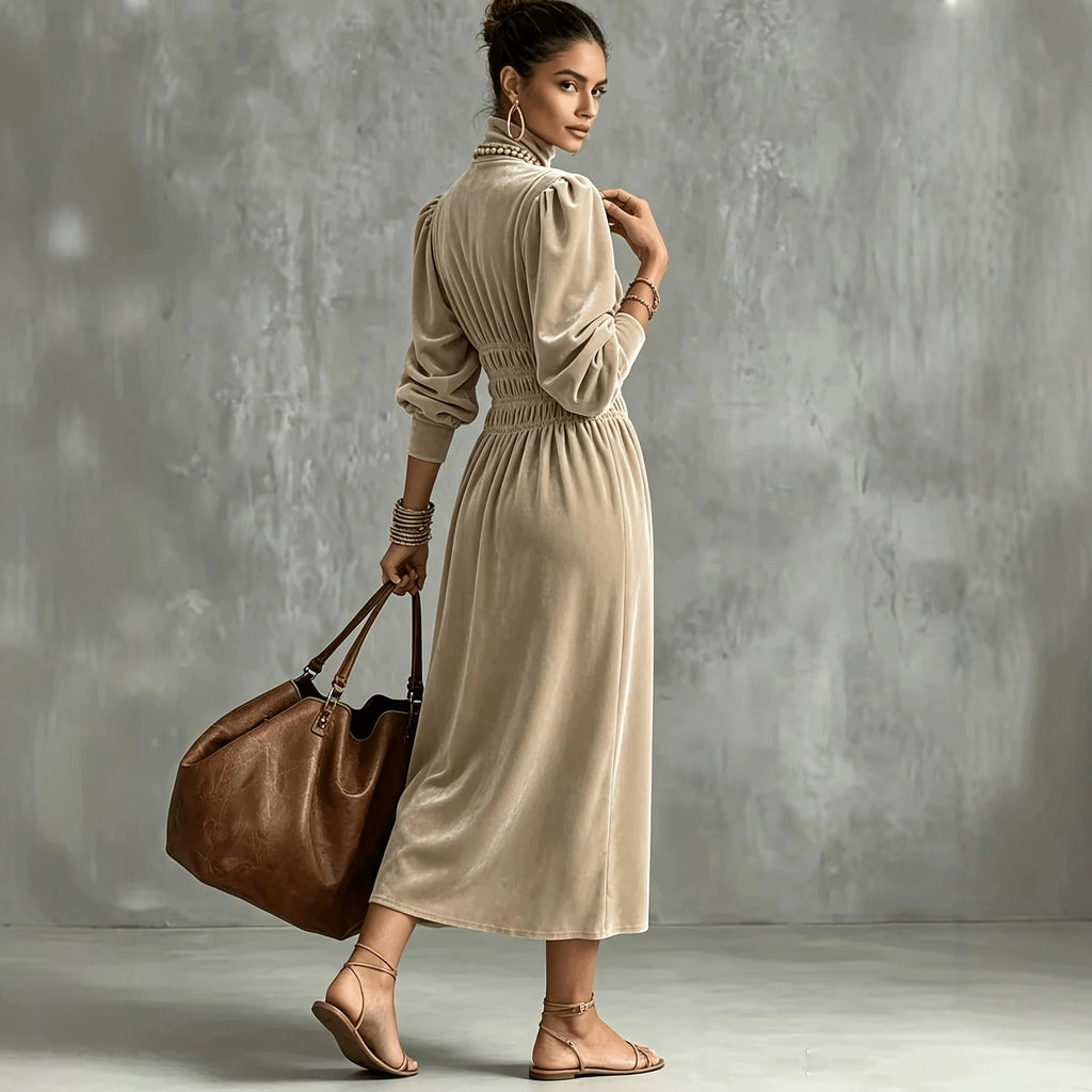 Turtleneck Velvet Waist-Defined Dress