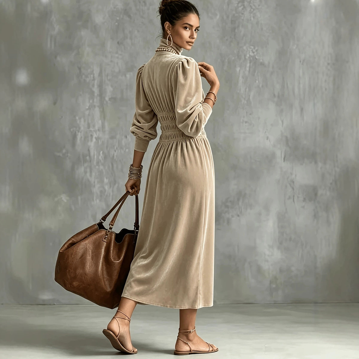 Turtleneck Velvet Waist-Defined Dress