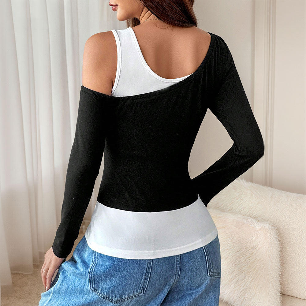 Women's Black And White Asymmetric Long Sleeve Top
