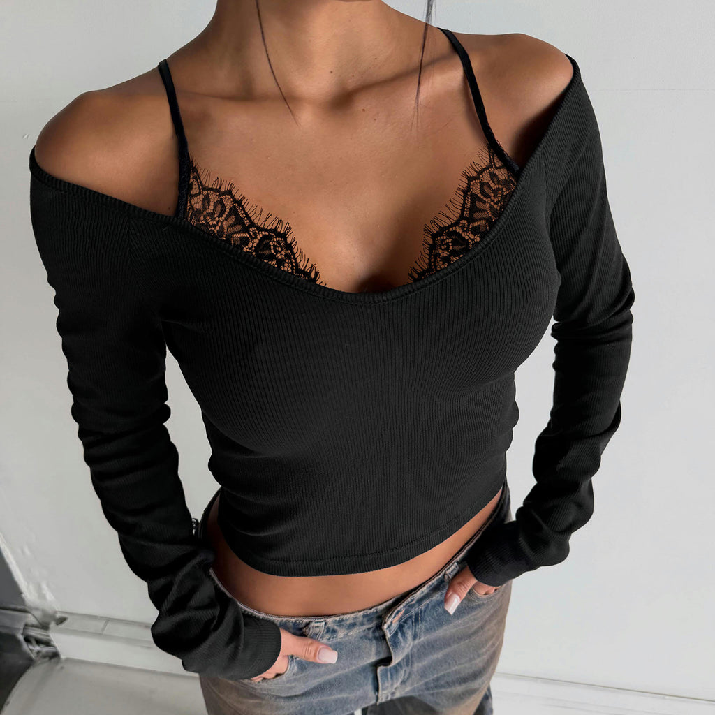 Women's Black Lace Stitching V Neck Off Shoulder Faux Two Piece Long Sleeved T Shirt Sexy Sexy Slim Fit Bottoming Top Women