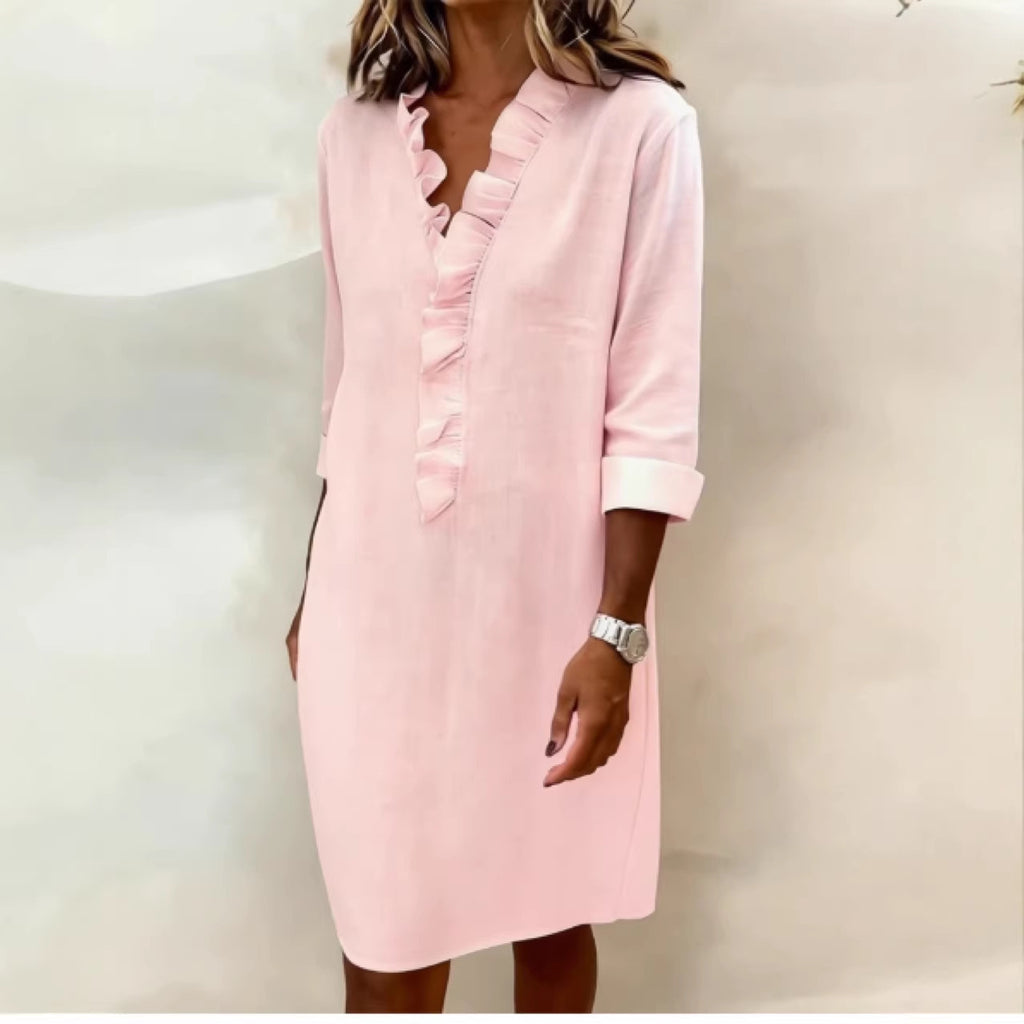 Women's cotton long-sleeve dress, pink, V-neck with ruffle button placket