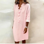 Women's cotton long-sleeve dress, pink, V-neck with ruffle button placket