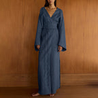 Women's Casual Cross Design Lace Up Dress Women V Neck Long Sleeve Split High Waist Maxi Dress
