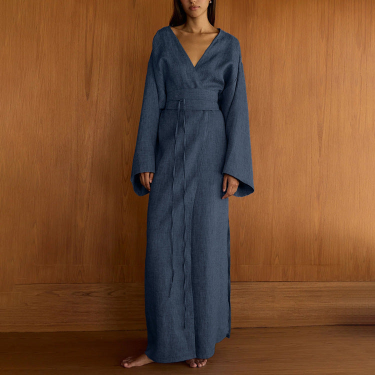 Women's Casual Cross Design Lace Up Dress Women V Neck Long Sleeve Split High Waist Maxi Dress