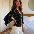 V Collar Polka Dot Top Single Breasted Office Waist Tight