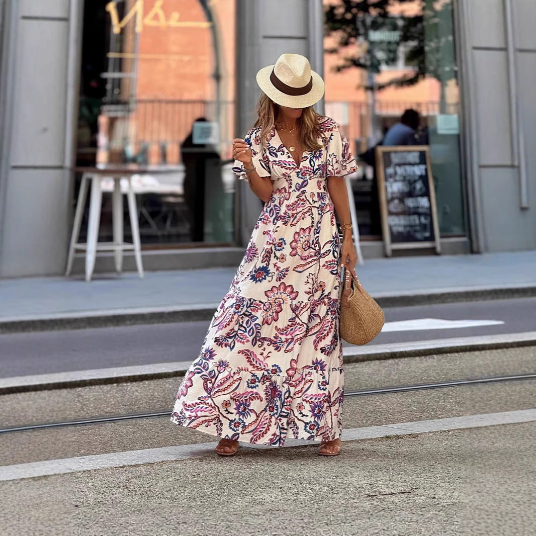 V-Neck Printed Ruffled Short-Sleeve Dress