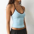 Women Clothing Summer Contrast Color Lace up Halterneck
