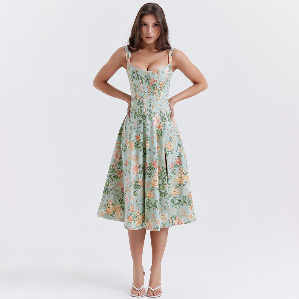 's Boning Corset Cami Dress Backless Slit Midi Floral Dress