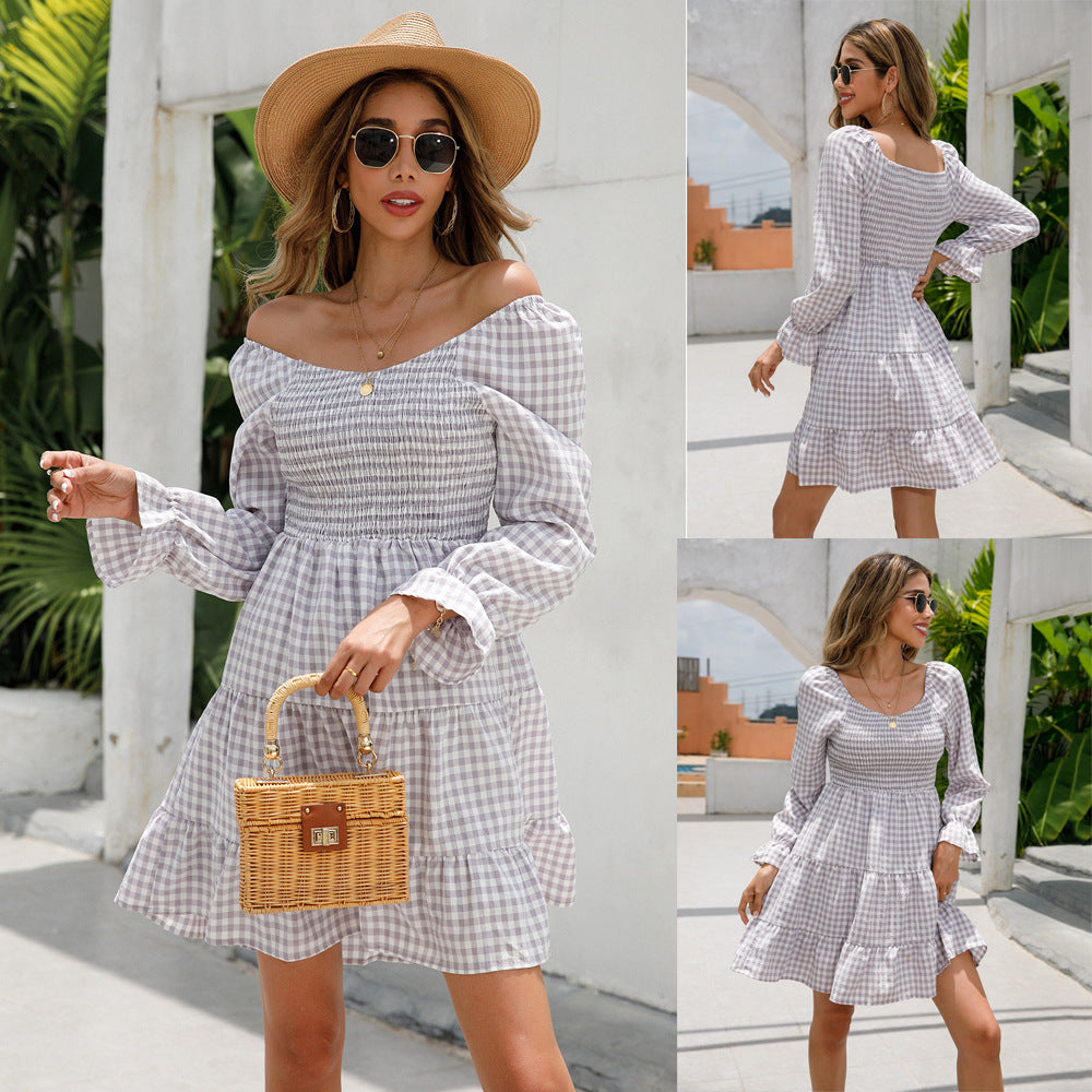 V-Neck Smocking Simple Plaid A-Line Solid Color Babydoll Dress