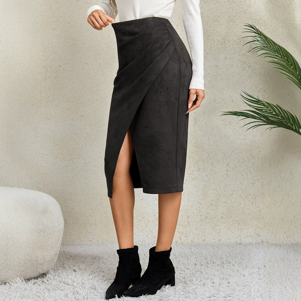 Autumn Winter Women Heap Pleated Suede Skirt Split HW