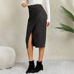 Autumn Winter Women Heap Pleated Suede Skirt Split HW