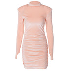 Women's Winter Slim Pleated round Neck Long Sleeve Split Dress