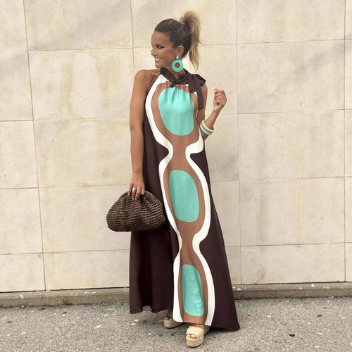 Summer Positioning Printing Halter Lace up A Swing Vacation Dress