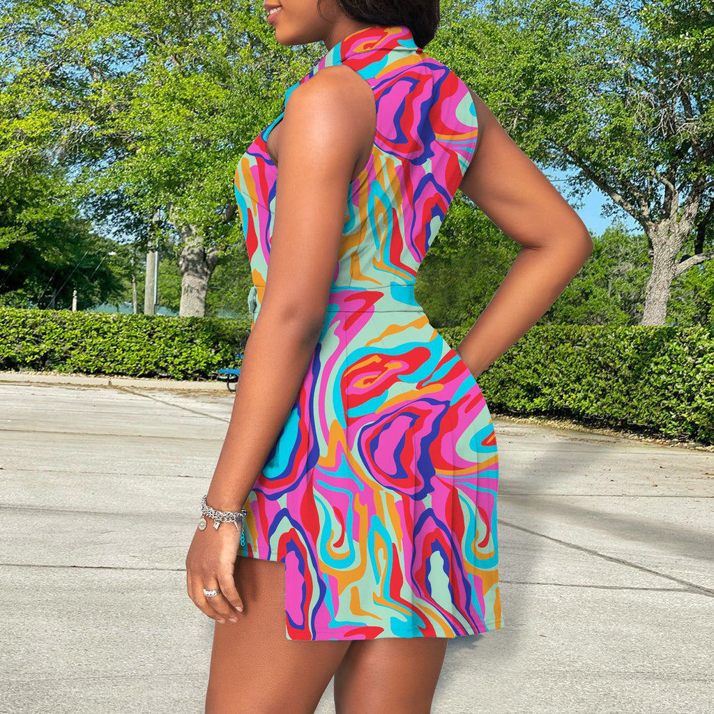 Sleeveless Collared Button Printed Dress