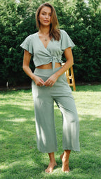 V-Neck Lace Up Cardigan Casual Wide Leg Pants Two-Piece Set