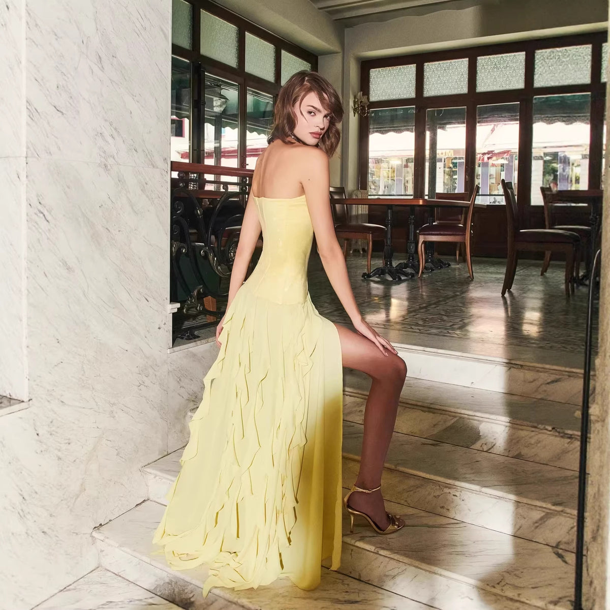 Women's French Tight Waist Yellow Strapless Dress Holiday Backless Summer Ruffles Tight Waist