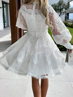 Women's Lace Mock-Neck Lantern-Sleeve Mini Dress