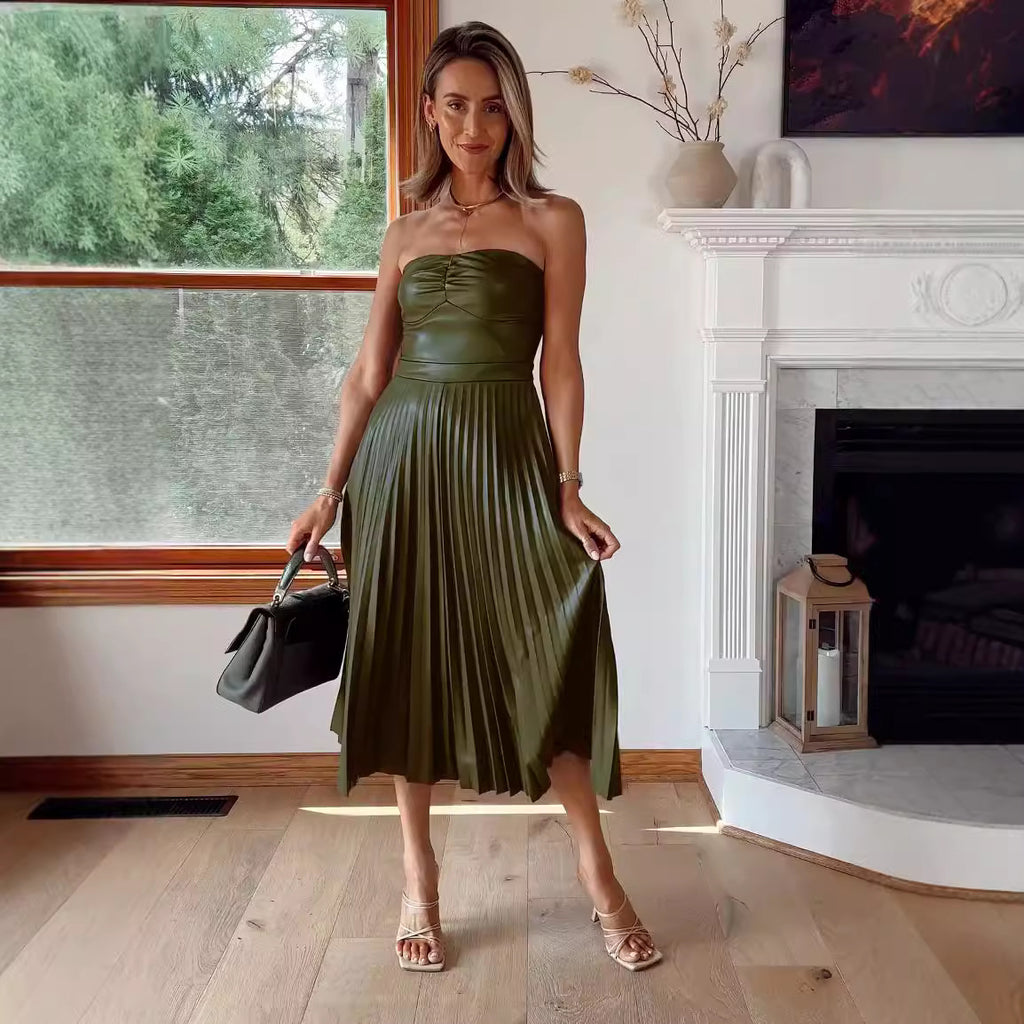 Women's Pleated Leather Midi Dress