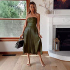 Women's Pleated Leather Midi Dress