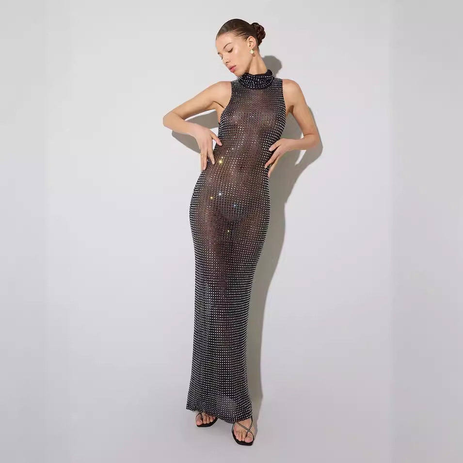 Women's Summer Sexy Sheer Cutout Maxi Dress Mesh Rhinestone Sleeveless Maxi Dress Women
