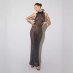 Women's Summer Sexy Sheer Cutout Maxi Dress Mesh Rhinestone Sleeveless Maxi Dress Women