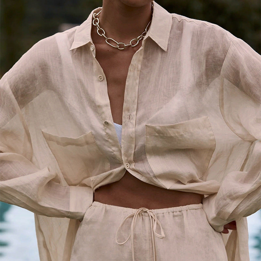 Spring Long-Sleeve Shirt Trousers Casual Cotton Linen Two-Piece Set