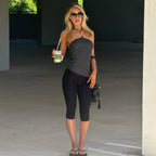 Polka-Dot Metal-Detail Halter Tube Top