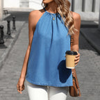 Women's Lace Up Crew Neck Halter Spaghetti Straps Loose Denim Top