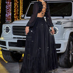 Women's V-Neck Chiffon Rhinestone Ruffle Backless Long-Sleeve A-Line Maxi Dress