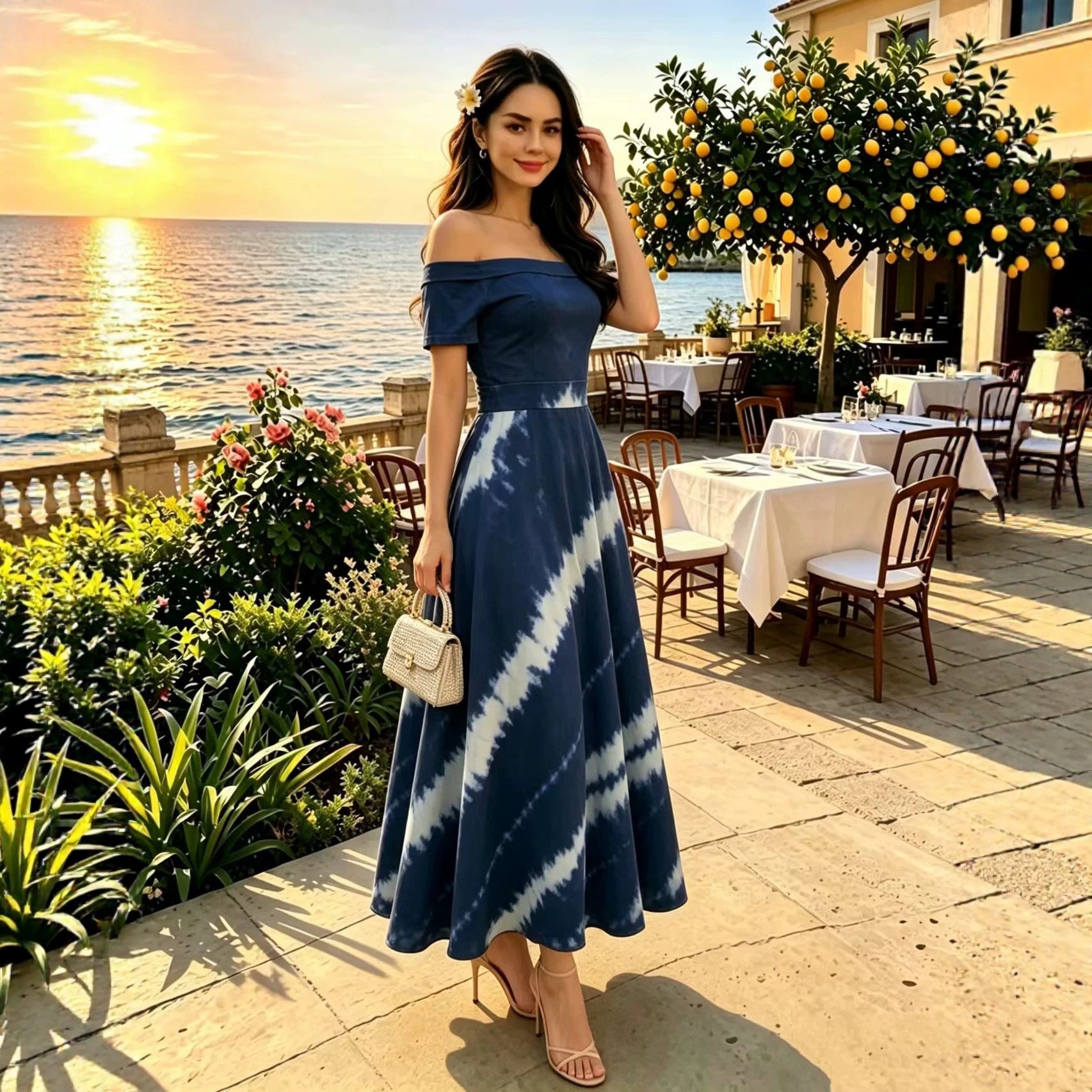 Women's Printed Off-Shoulder A-Line Maxi Dress