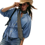 Women's Cropped Denim Stand-Collar Puff Sleeve Shirt