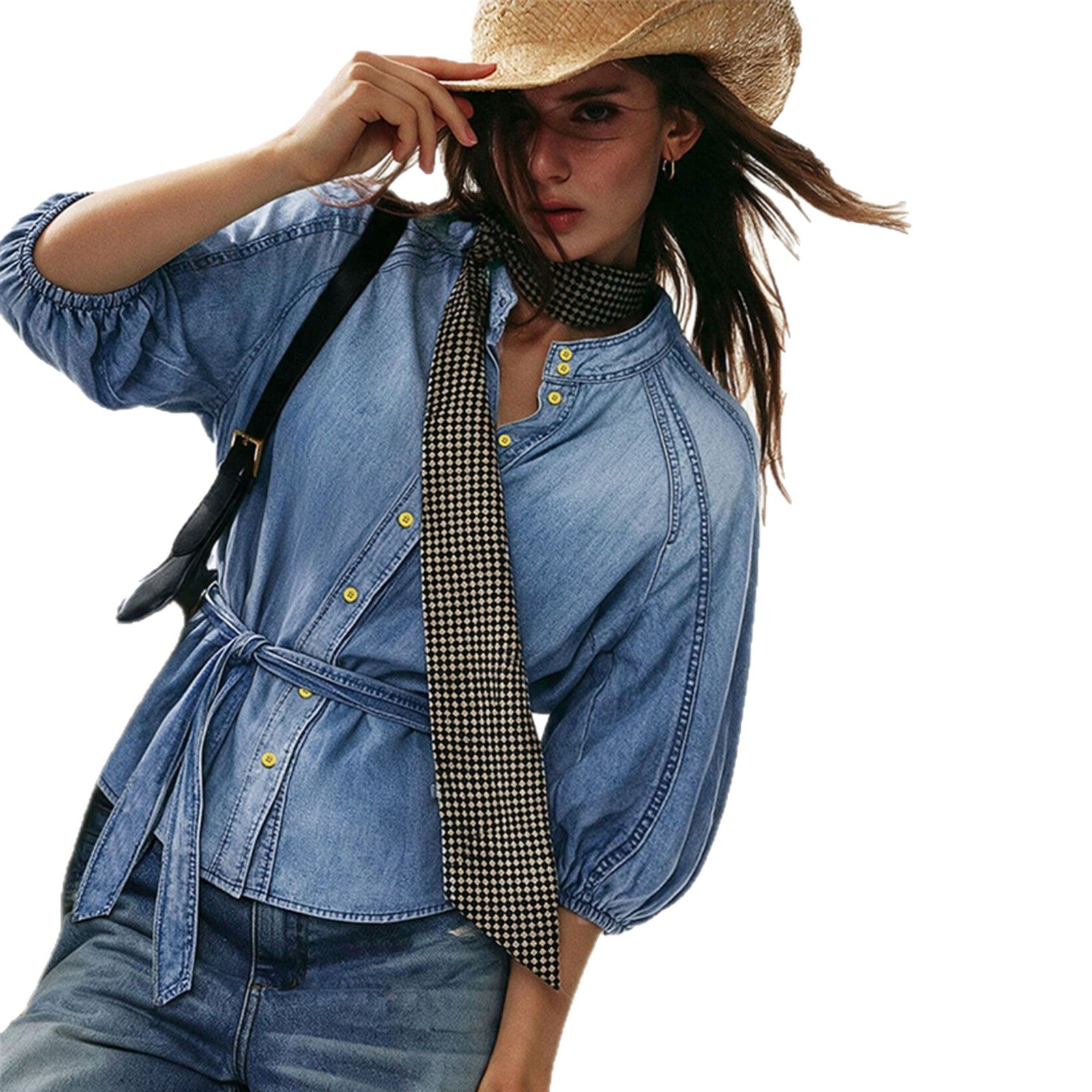Women's Cropped Denim Stand-Collar Puff Sleeve Shirt