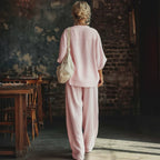 Pink Linen Casual Two Piece Set V neck Loose Top with WL