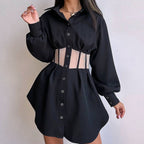 See Through Collared A Line Dress With Mesh Stitching High Waist Long Sleeves